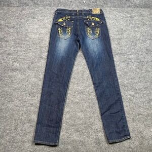 Old School Womens Y2K Dark Wash Gold Embroidered Studded Straight Jeans Size 9